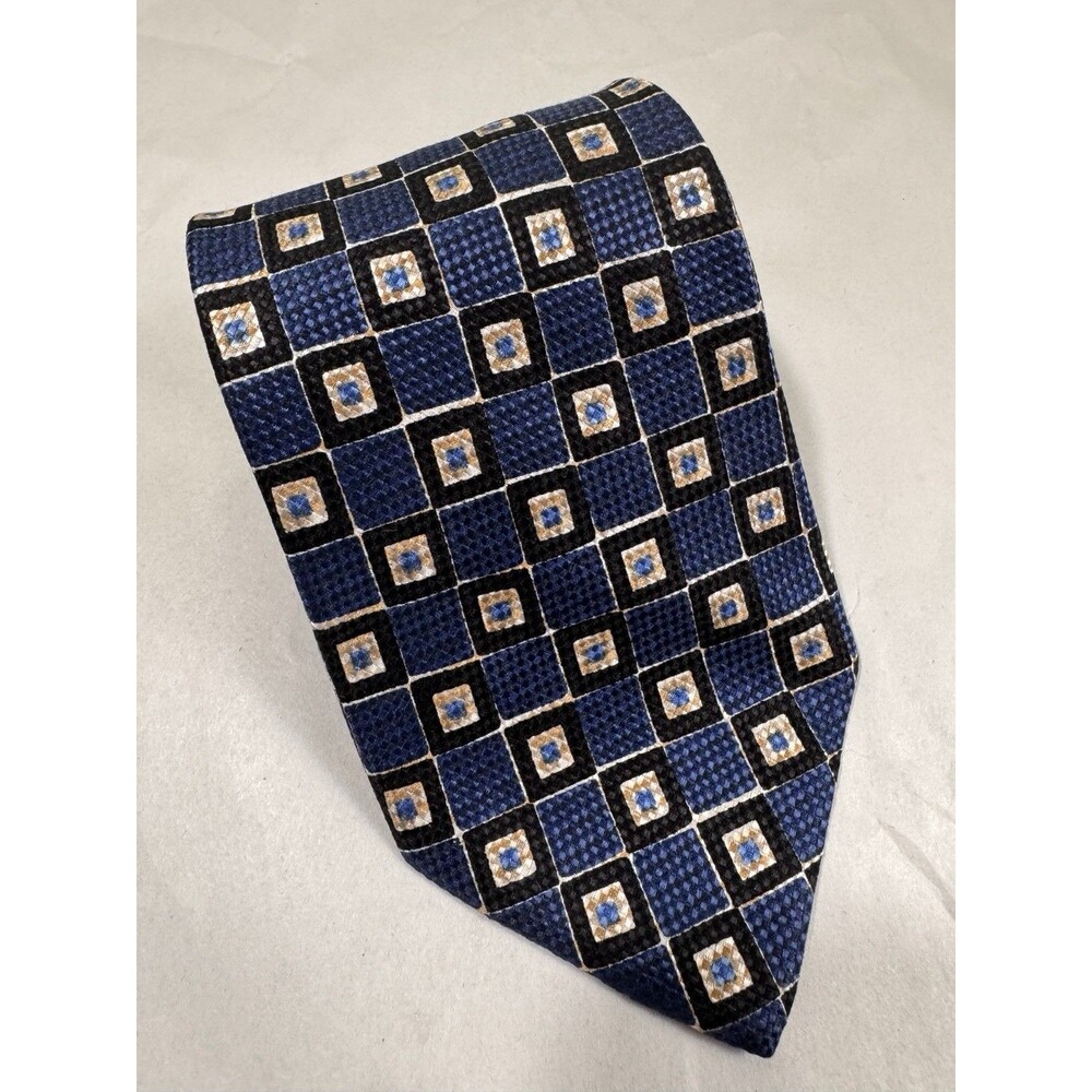 ERMENEGILDO ZEGNA 100% Silk Necktie Blue/Gold Abstract Geometric 3.5"x58"